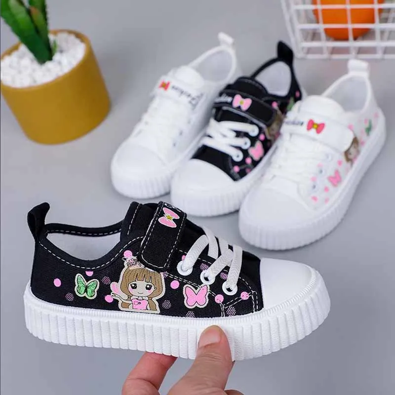 Children\'s Cute Cartoon Canvas Shoes Girls\' Flat Bottomed Casual Sports Shoes Students Lightweight Running Board Shoes Sneakers