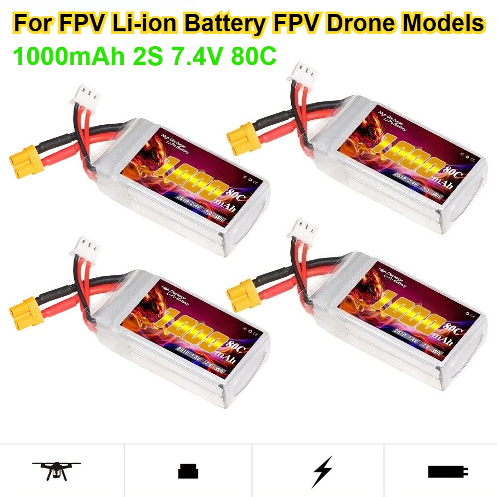 

High Magnification 80C 1000mAh 2S 7.4V Battery for FPV Li-ion Battery FPV Drone Models