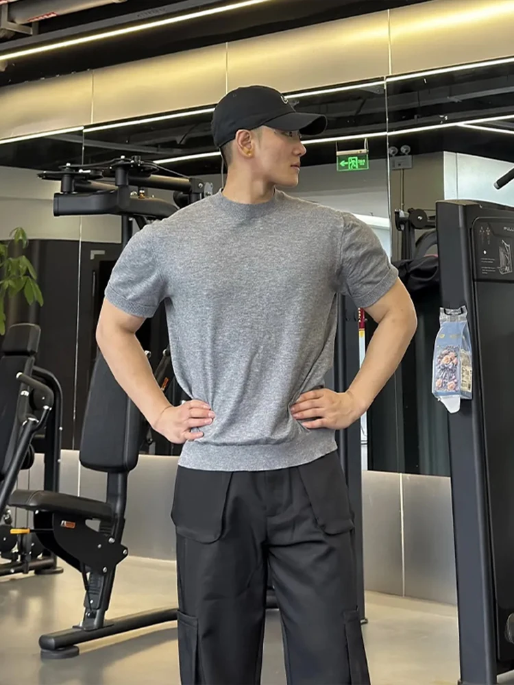 

ay Cool Feeling Slim Fit Knitted ort Sve Men's Muscle Highlighting T-irt American Sle CleanFit Gym f Sve