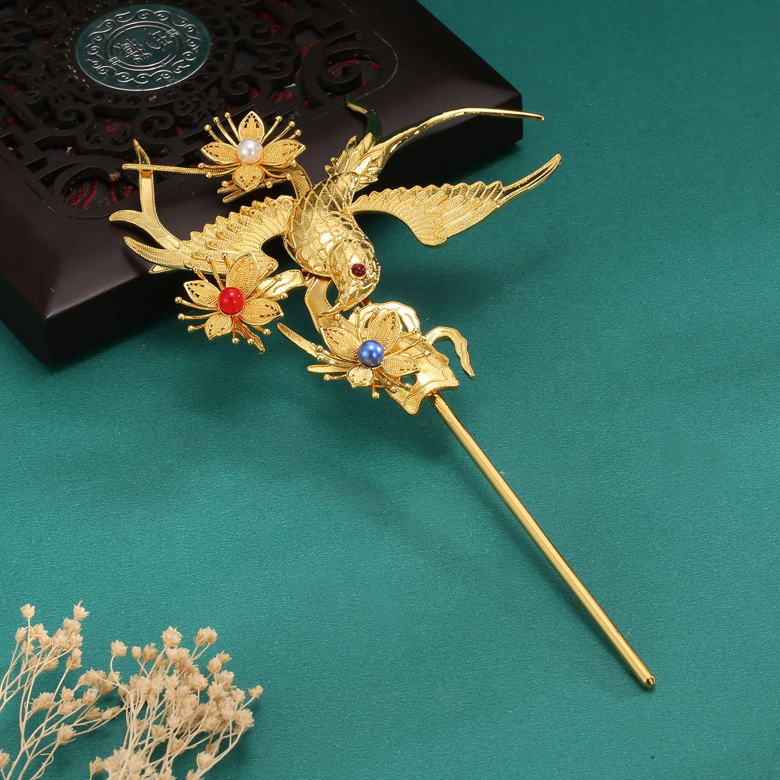 Chinese Style Lucky Auspicious Gold Plated Copper Filigree Inlaid Magpie Swallow Plum Blossom Hairpin Vintage Court Hanfu Hair
