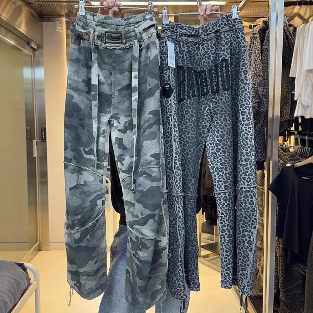 

American Style Loose Leopard Print Pants Women's Retro Casual Sports Sweatpants Wide Leg Long Trousers