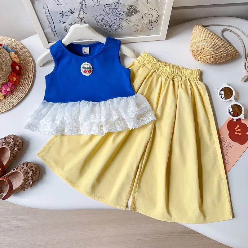 

Girls Suit2025Summer New Lace Trim Tank TopTChildren's Casual Two-Piece Set with T-Shirt and Wide-Leg Pants