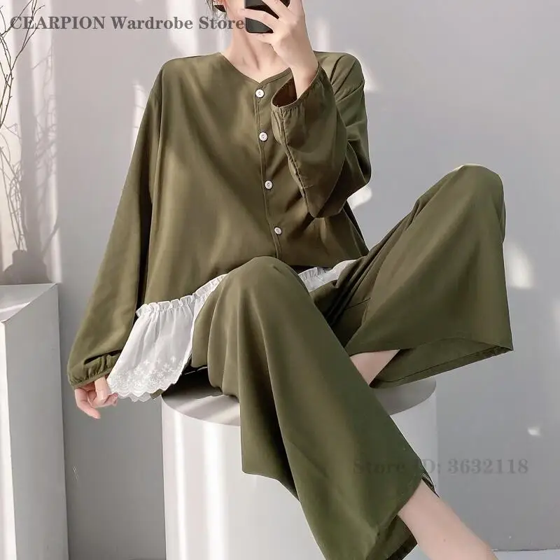 

Long Sleeved Lace Edge Pijama Mujer 2026 Spring New Night Wear Home Clothes Viscose Comfortable Sleepwear Trouser Pajamas Set