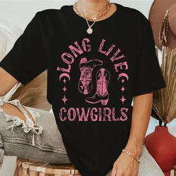 Długie żywe kowbojki różowe kowbojki z nadrukiem damskie koszulki Vintage topy w stylu Boho Western Rodeo bawełniane krótkie rękawy damskie T-shirt