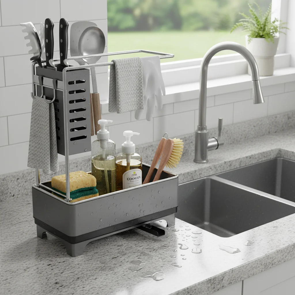 

Kitchen Sink Organizer Rack Large Capacity 2 Layers Storage Holder Dishwashing Cloth Scrubbing Detergent Draining Storage Rack