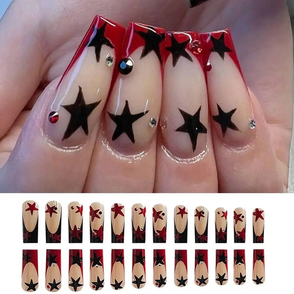 24pcs/box Long Water Pipe Nail French Y2K Red Star Fake Nails False Nails Press on Nails Tips Detachable Manicure