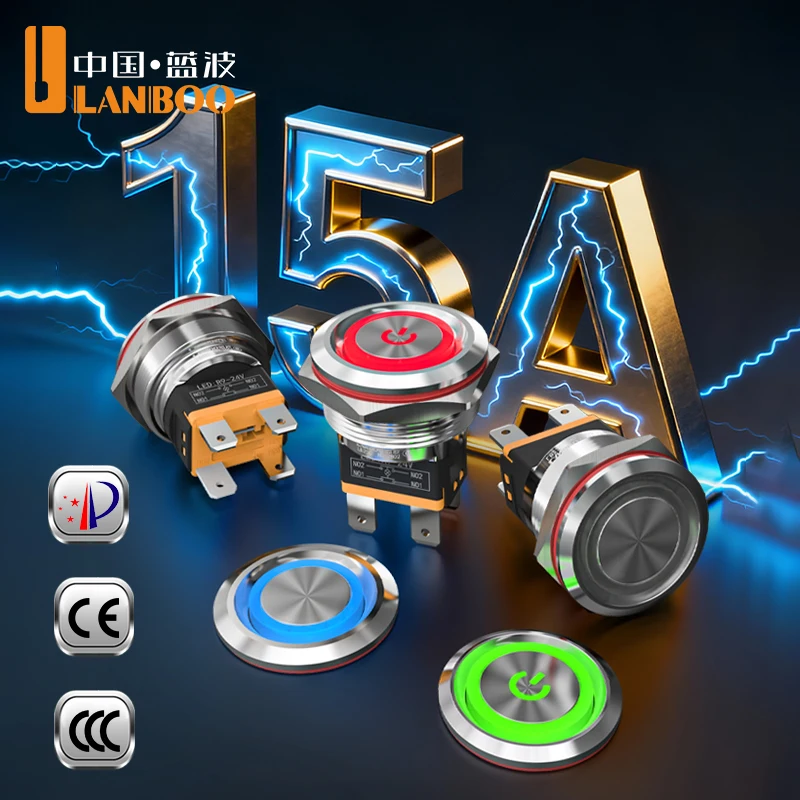 LANBOO LB22C Metal Pushbutton Switch—15A High Current—Momentary/Latching.Stainless Steel/Black Anodized Aluminum Options
