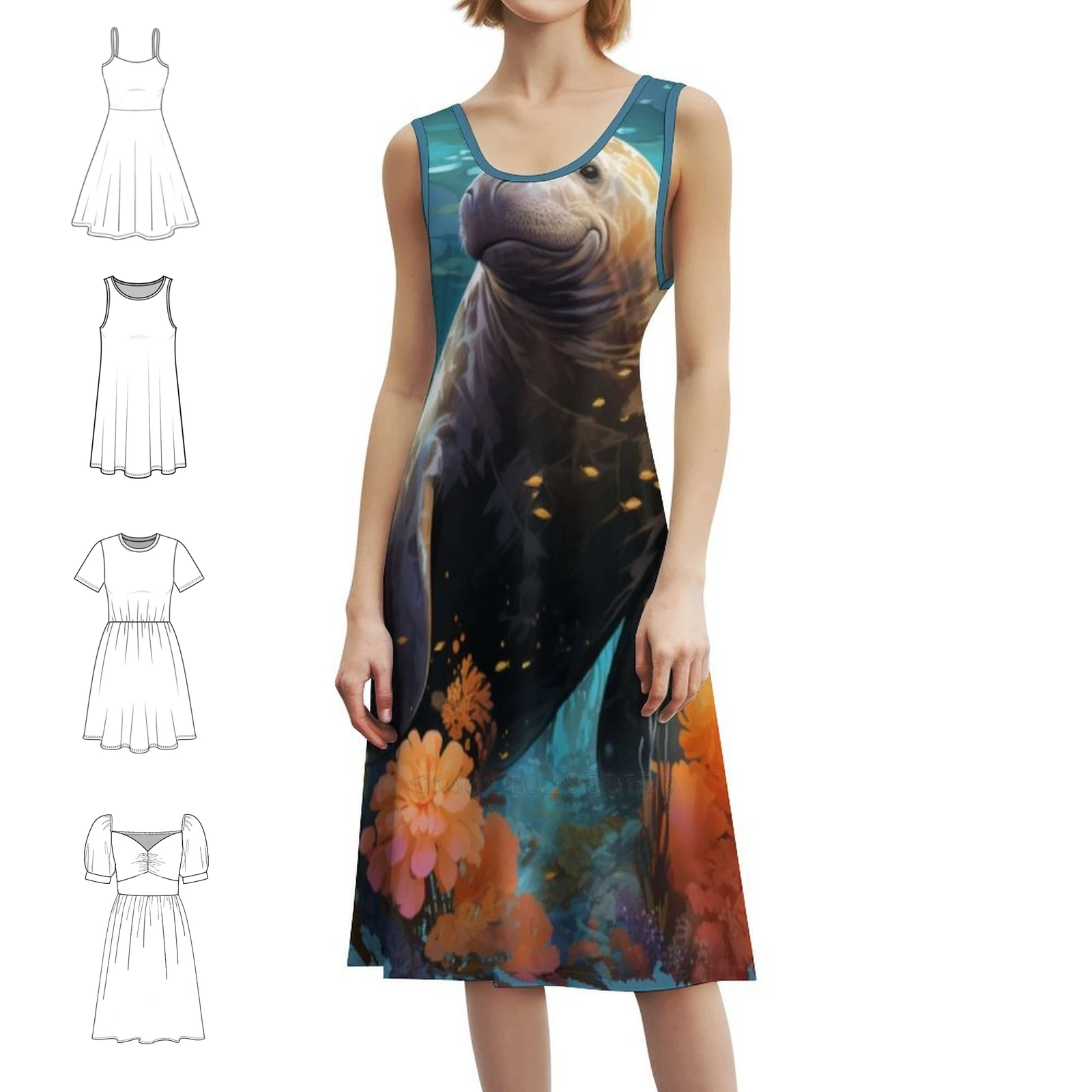 فستان خروف البحر السعيد اللطيف في المحيط مع زهور على شكل قلب فستان أنيق للحفلات الصيفية للنساء حيوان خروف البحر #1