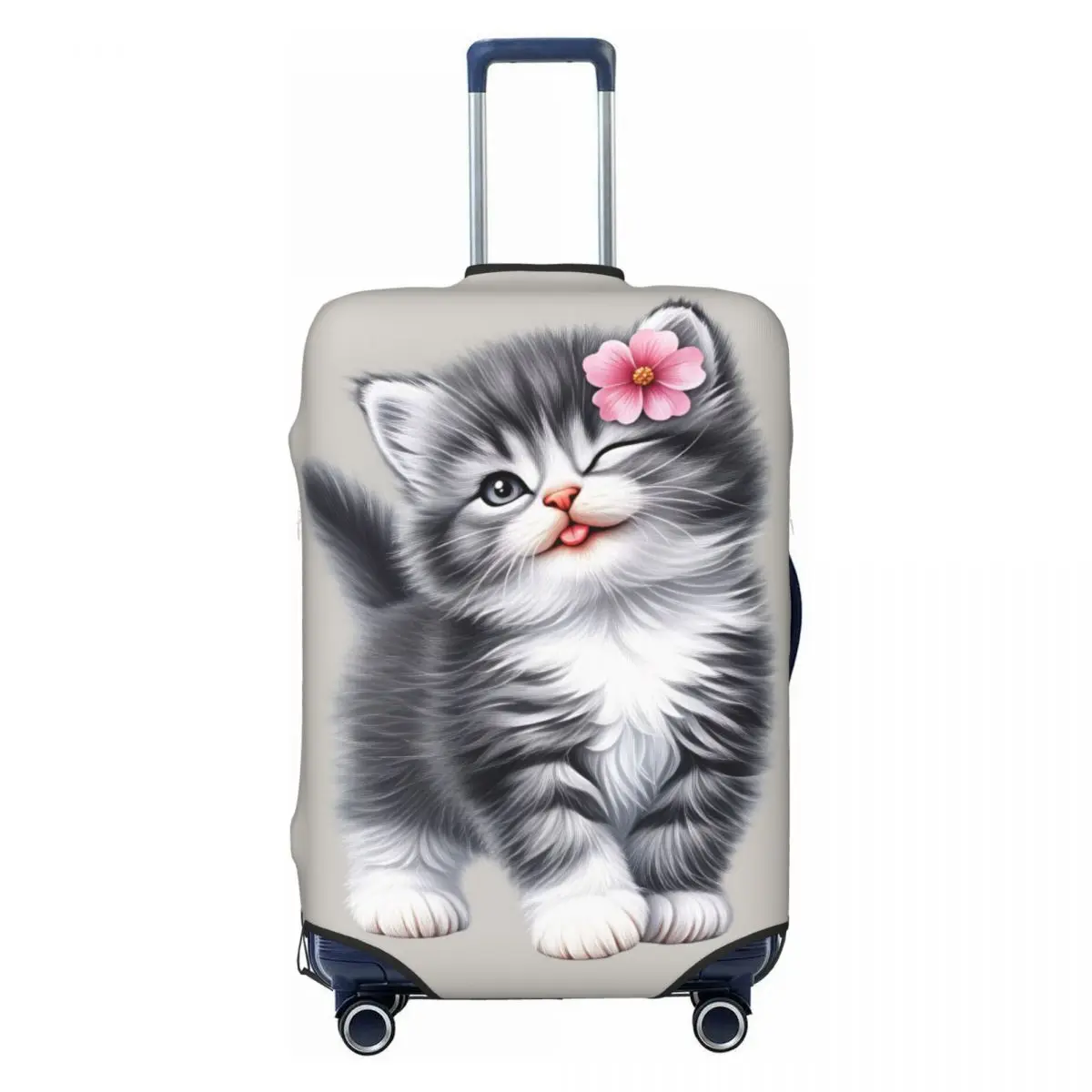 Kawaii Tabby Kitten With Pink Flower Suitcase Cover Travel Protection Flight Elastic Luggage Supplies