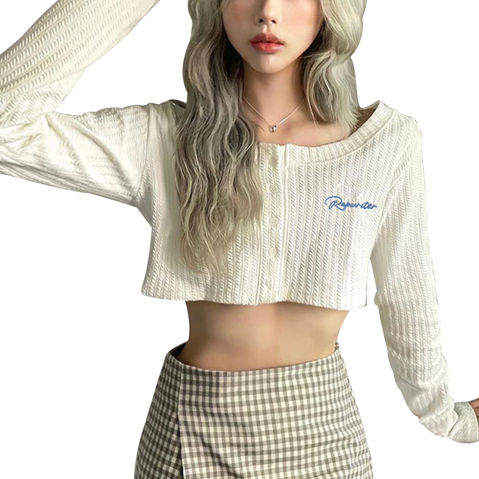

Fall Spring Women Sweater Tops Round Neck Button Down Crop Tops Long Sleeve Ribbed Knit Shirts Casual Clothes