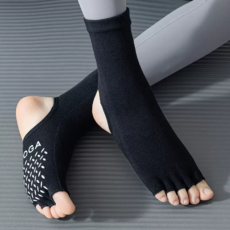 Knee-high Yoga Socks Women Toeless Silicone Non-slip Ballet Pilates Socks Cotton Breathable Five Toes Indoor Floor Sports Socks