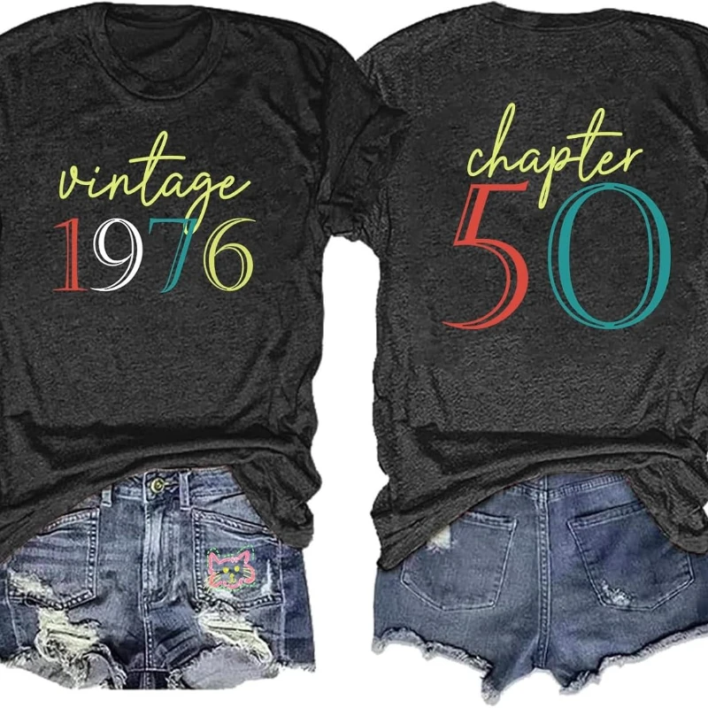 

Vintage 1976 for Women Chapter 50 Birthday Party Double-Sided Print T-Shirt Crewneck Casual Style Cotton Regular Short Sleeve