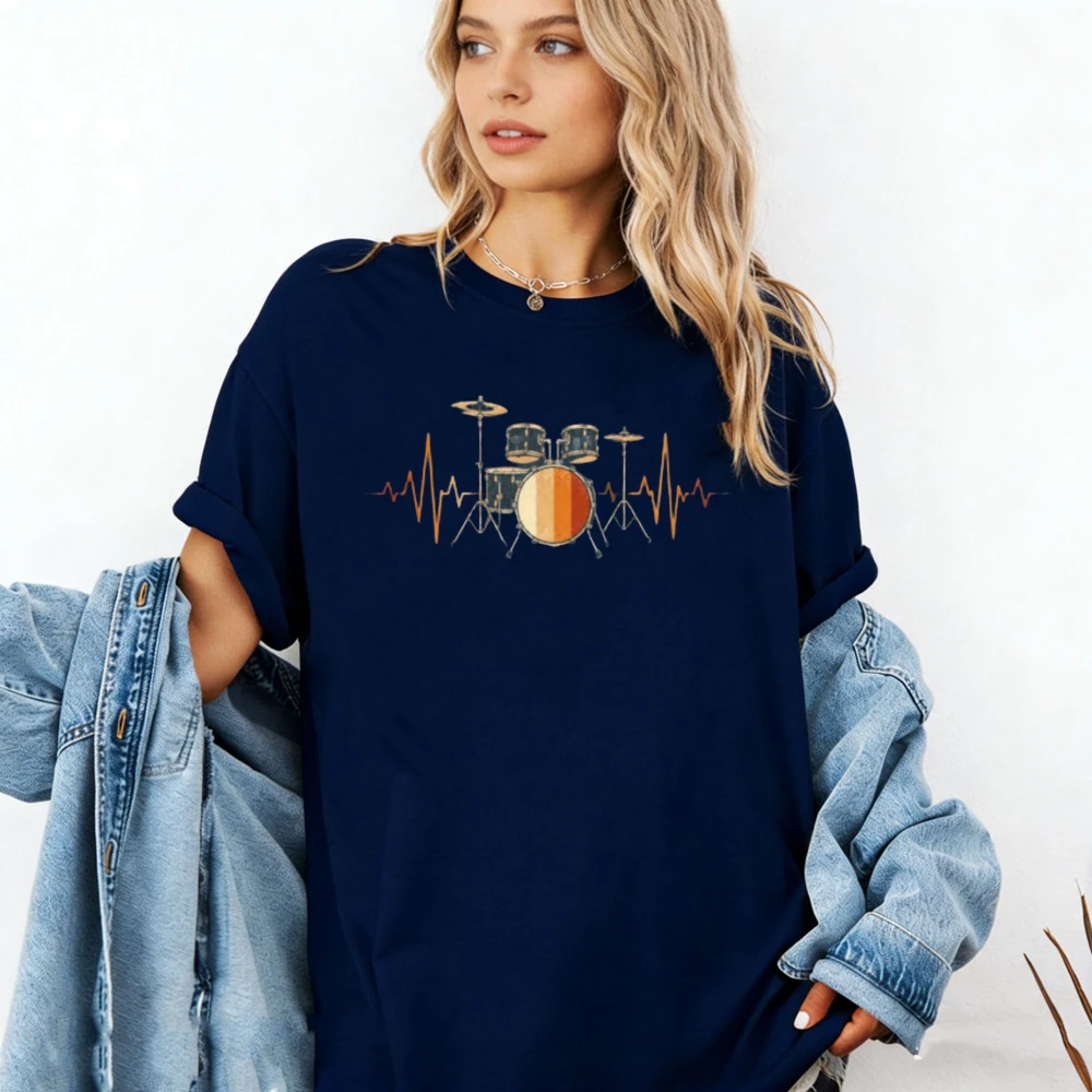 Drummer Heartbeat T-Shirt Percussionist Music Lover Tee Band Member Print Shirt Drum Kit Design Musician Drum Teacher Gift Tops