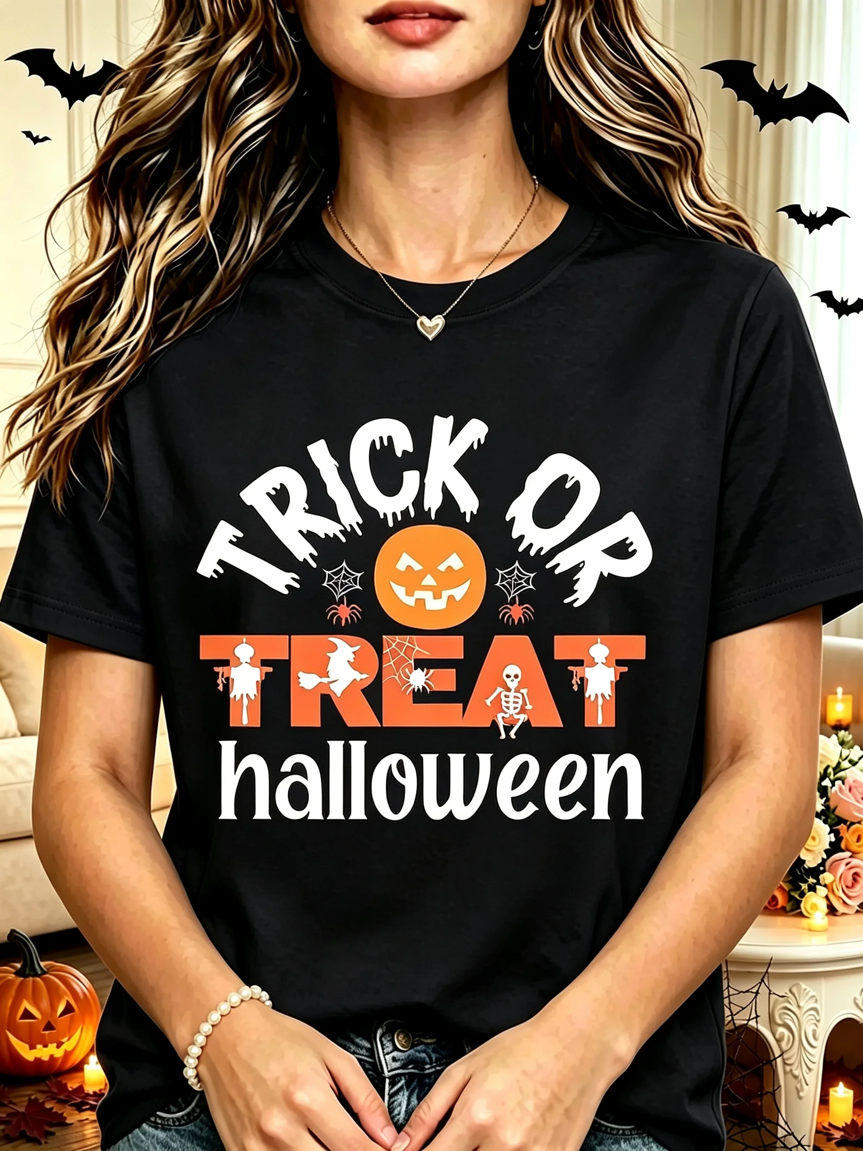 Trick or Treat Halloween Print Family Matching T Shirt Women Parent Short Sleeve Tee for Halloween Party Casual Outfit Tops