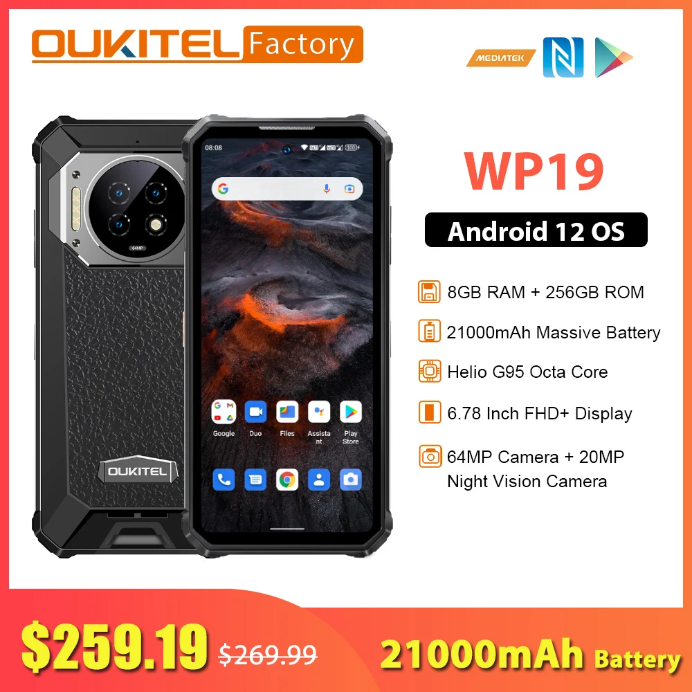 Oukitel WP19 21000mAh Battery 33W Fast Charge 8GB 256GB Helio G95 Octa Core 6.78 Inch FHD+ Display 64MP Camera NFC