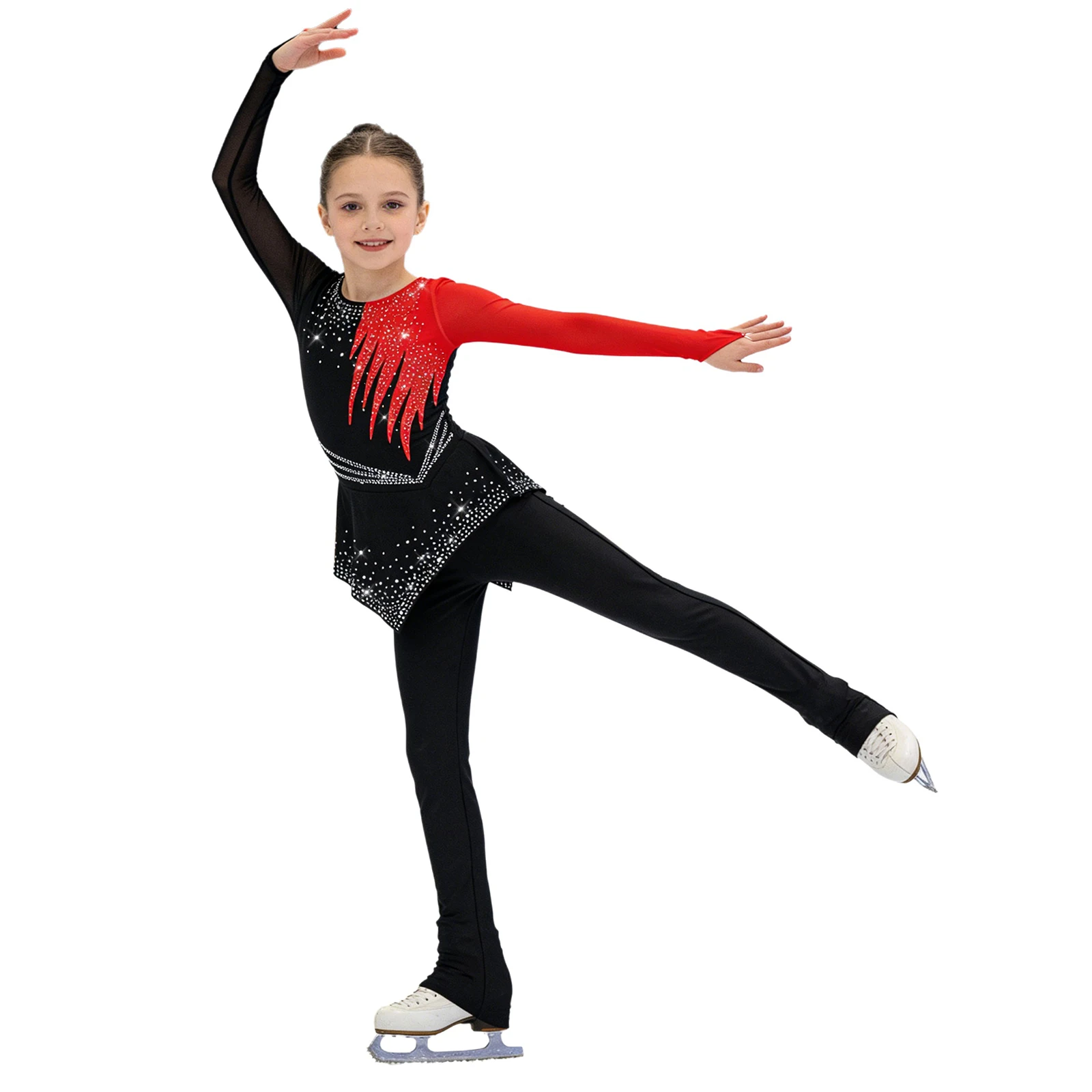 

Kids Lyrical Dance Gymnastic Jumpsuit Girls Figure Ice Skating Dancewear Long Sleeves Shiny Rhinestones Ballet Dance Bodysuit