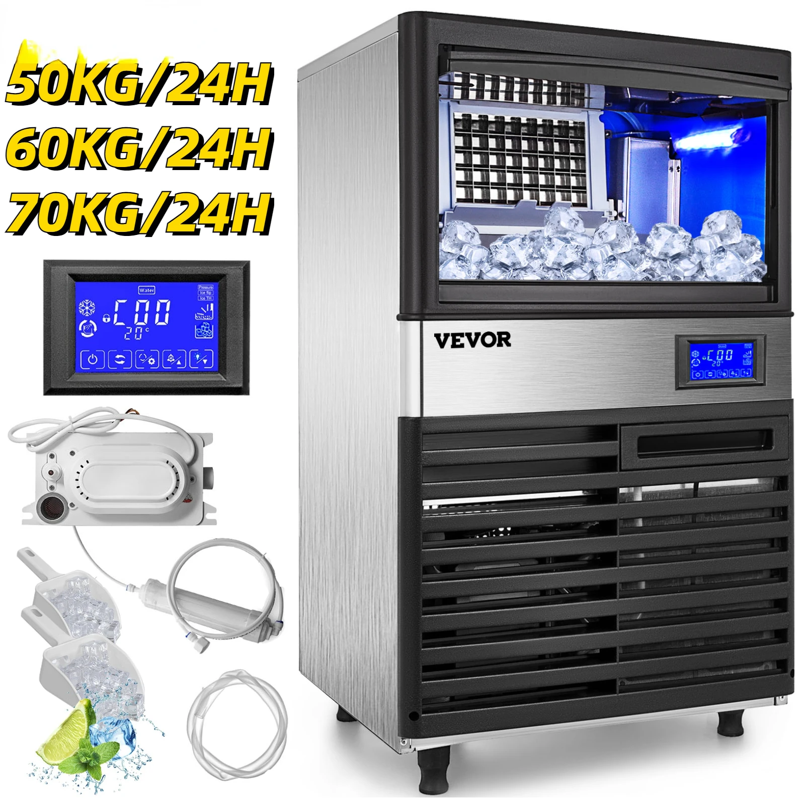 Commercial Cube Ice Maker with Water Drain Pump 50/60/70 KG/24H Freestanding LCD Touch Screen Liquid Freezer Ice Machine