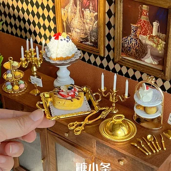인형 집 미니 주방 골드 식기 인형, 케이크 트레이 포함, 미니어처 음식 놀이 베이킹 매트, 종이 인형 집 장식 액세서리