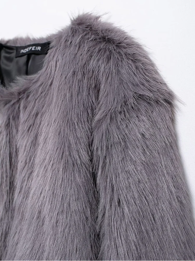 2024 ใหม่ฤดูใบไม้ร่วงและฤดูหนาวผู้หญิงหลวมFaux Fur Jacketสุภาพสตรีสีทึบรอบคอเสื้อฝ้ายด้านบน