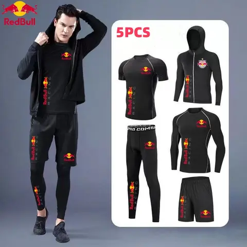 레드불 봄, 여름, 가을 워밍업 운동복 남성용 세트 압축 운동복 롱 5피스 세트 러닝 운동복