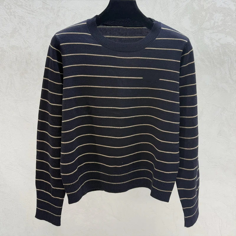 Jersey de cuello redondo para mujer con rayas de colores contrastantes de alta calidad para otoño e invierno 251206145