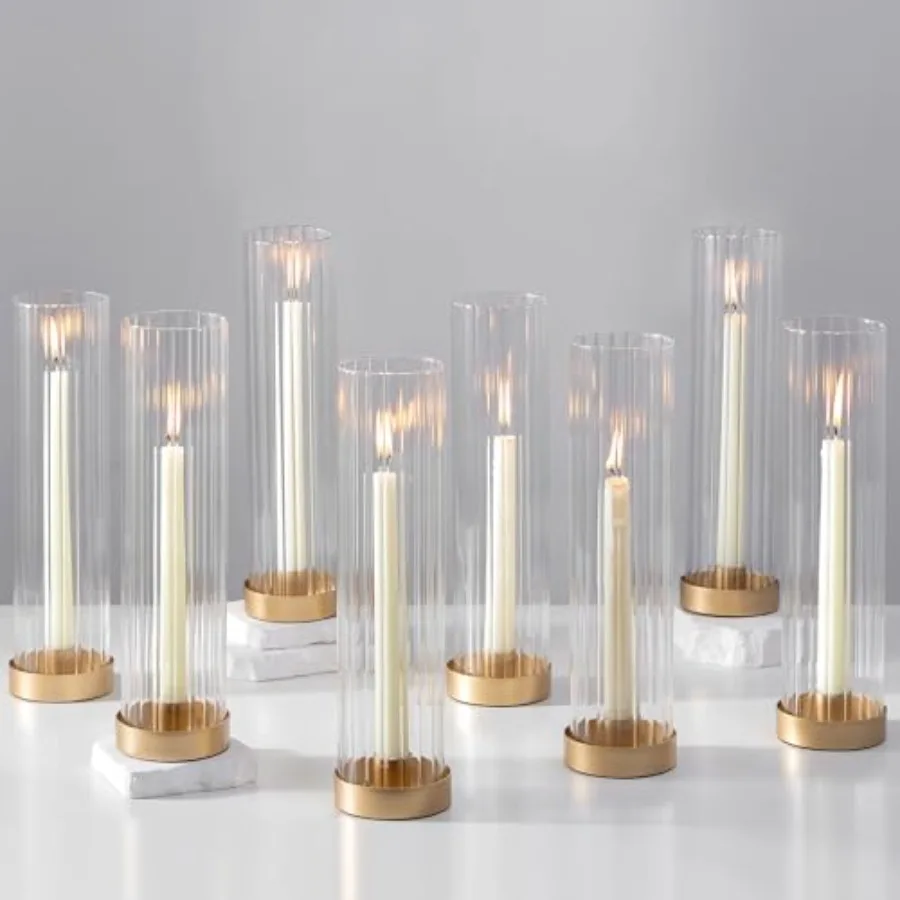 

Hurricane Glass Candle Holders: Set of Gold Candlestick Holders with 11" Tall Clear Cylinder Hurricane Cover, Taper Candle Hold