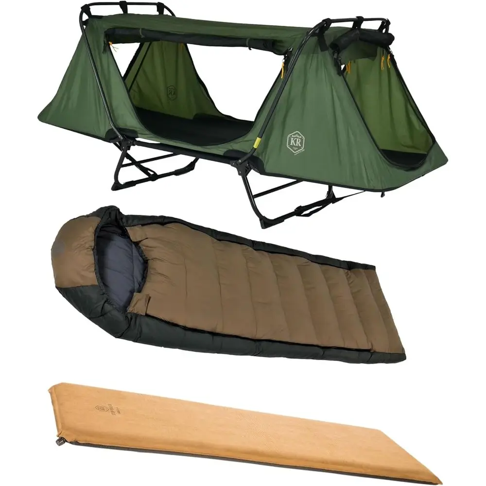 

Палатка-раскладушка для одного человека с спальным мешком на 20 градусов и самонадувающимся ковриком - набор из 3 предметов для кемпинга, охоты и рыбалки (оливковый)