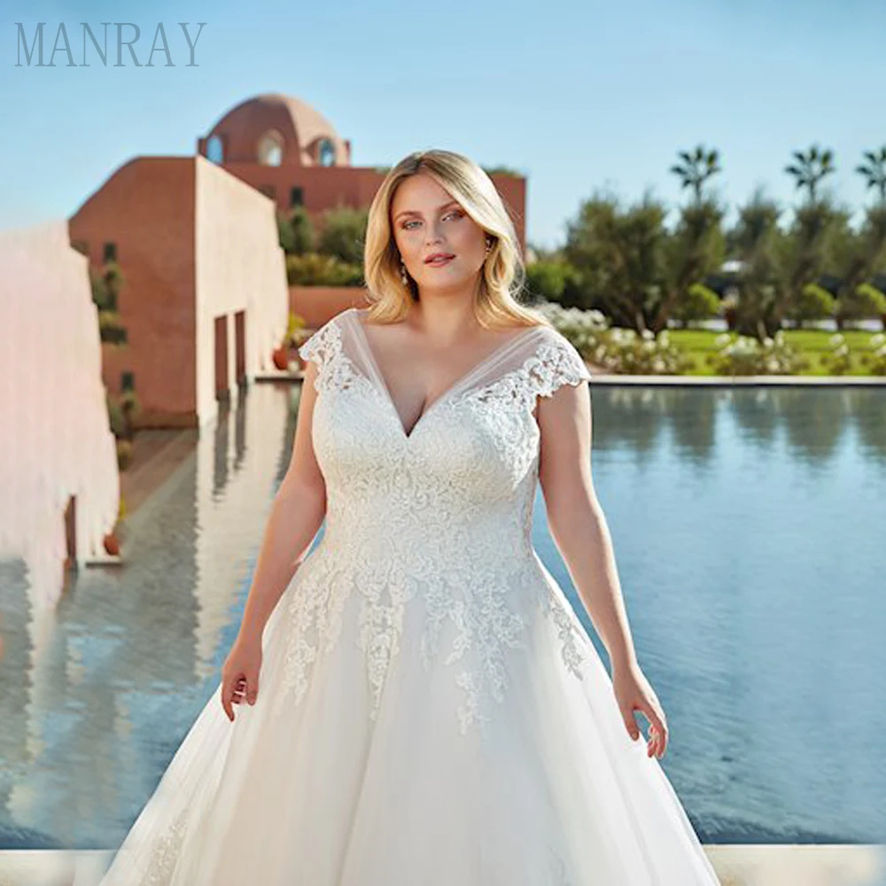 MANRAY Wedding Dresses V Neck Backless Applique Plus Size Cap Sleeves Tulle Bride Dresses Floor Length Vestidos De Novia Elegant