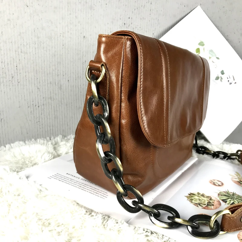 New Genuine Leather Chain Shoulder Bags Vintage Brown Thick Chain Single Shoulder Crossbody With Large Capacity Stray Bag