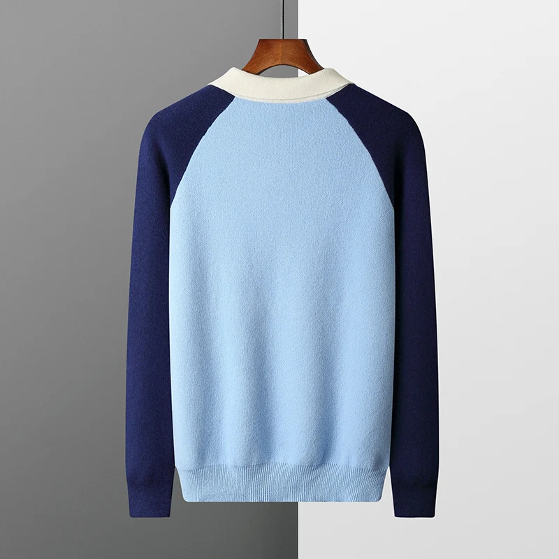 Autumn Winter New Men's Thick Sweater 100% Wool POLO Collar Top Casual Contrasting Color Knitted Pullover Long Sleeved Menswear