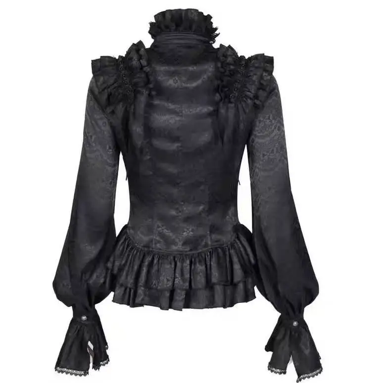 Gothic Lolita Shirt Spring Autumn Dark Fungus Edge Stand-up Collar Shirt Ruffle Edge Punk Rock Style Slim Shirt Top
