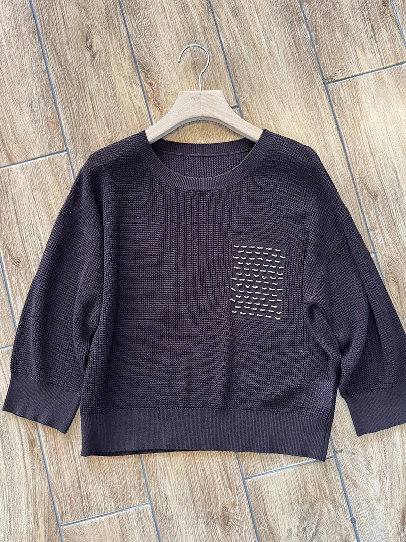 2026 Spring/Summer New Arrival: Women'S Cashmere & Silk Knit Top — Crew Neck, Contrast-Color Pocket, Loose Fit, Long Sleeve