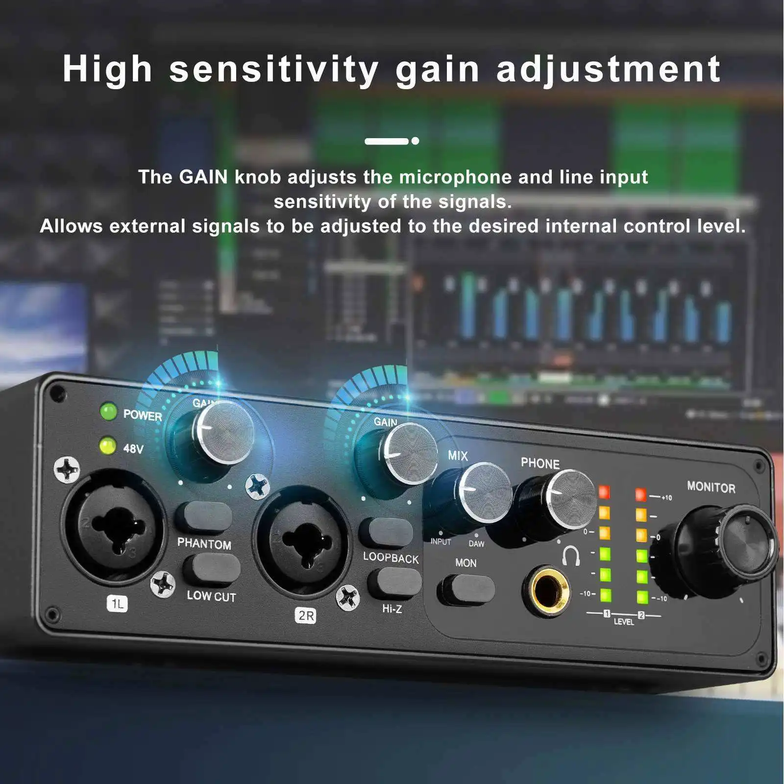 for MR22 Professional 2-In 2-Out USB Audio Interface Sound Card with 48V Phantom Power for Studio Live Broadcast Guitar Podcast