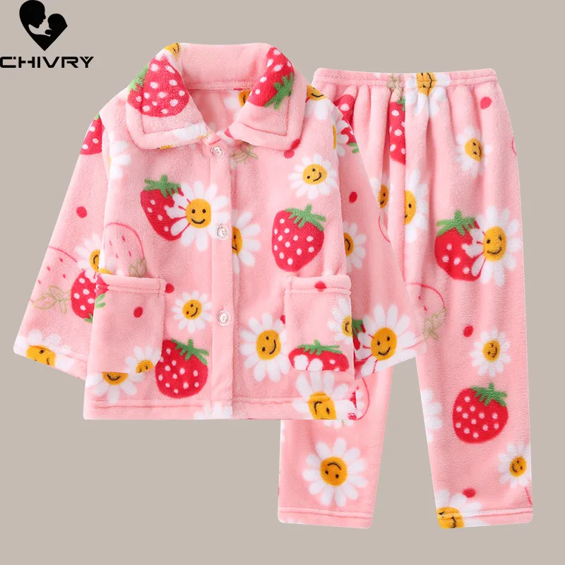 Kids Autumn Winter Soft Flannel Warm Pajamas Sets Toddler Baby Cute Cartoon Lapel Pyjamas Homewear Boys Girls Casual Sleepwear