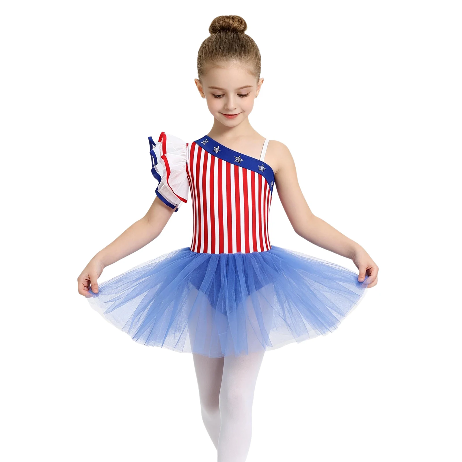Children Girls July 4th Independence Day Costume One Shoulder Rhinestone Stars Stripe Tulle Ballet Dance Dress Gymnastic Leotard