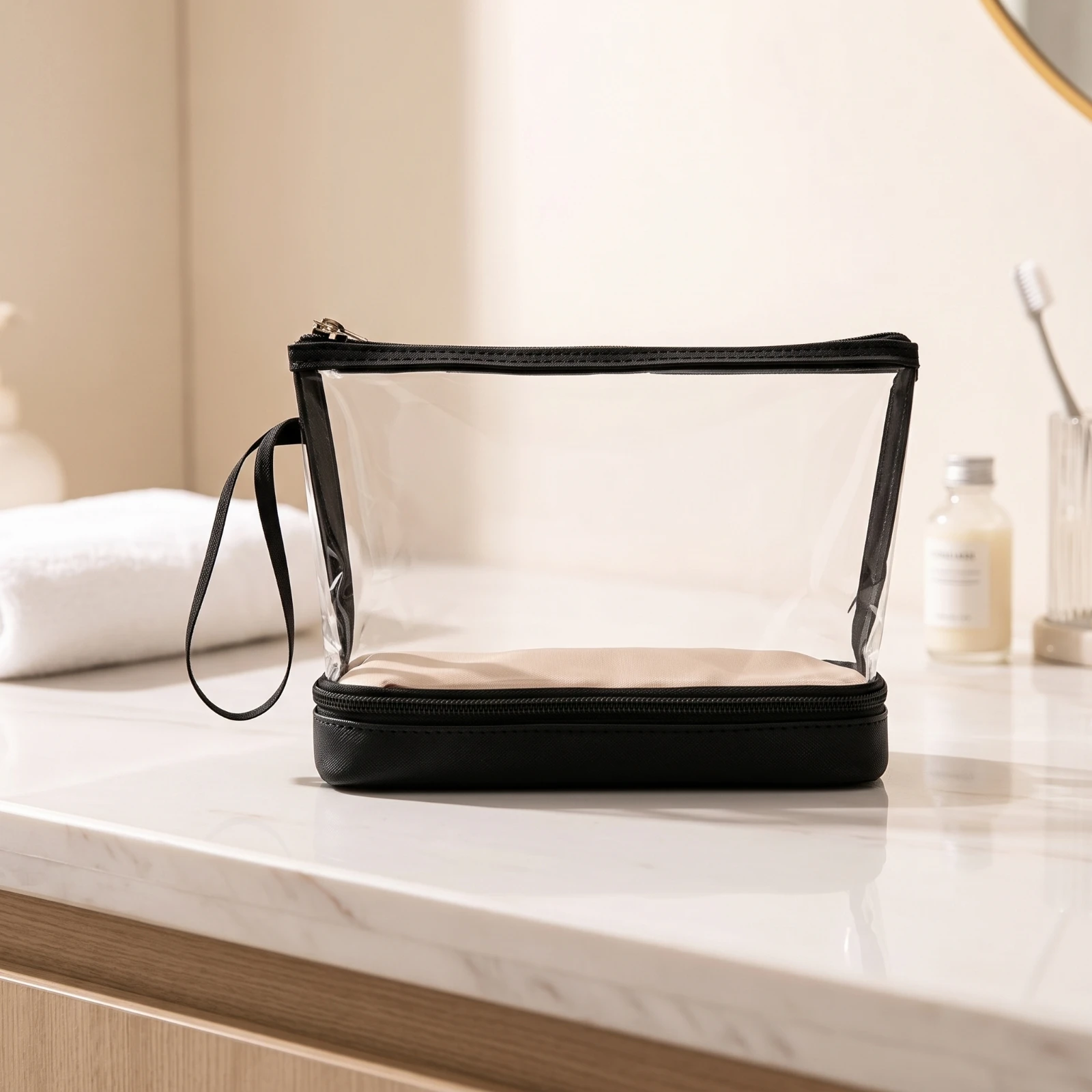 Makeup Bag with Double Layer Wipe-Clean Double Layer Makeup Organizer Clear Cosmetic Bag with Zipper Compact Roomy for Travelers
