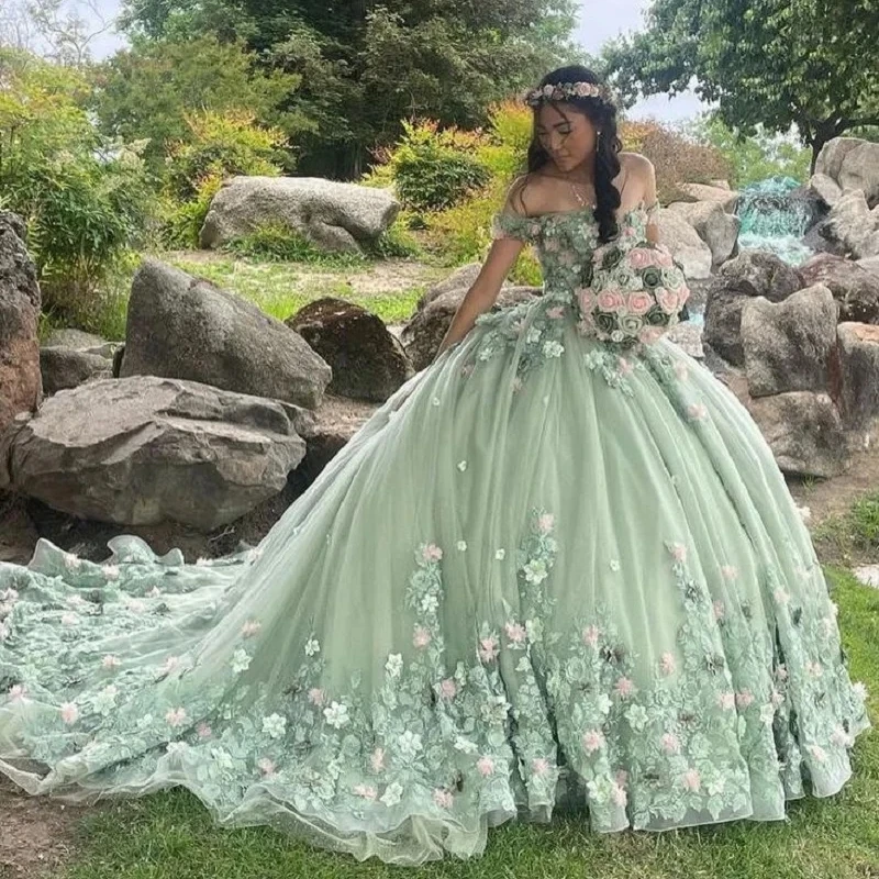 Sage Green Shiny Quinceanera Dresses Ball Gown with Train Sparkly Applique Beaded Tull Sweet 16 Dresses Vestido 15 De