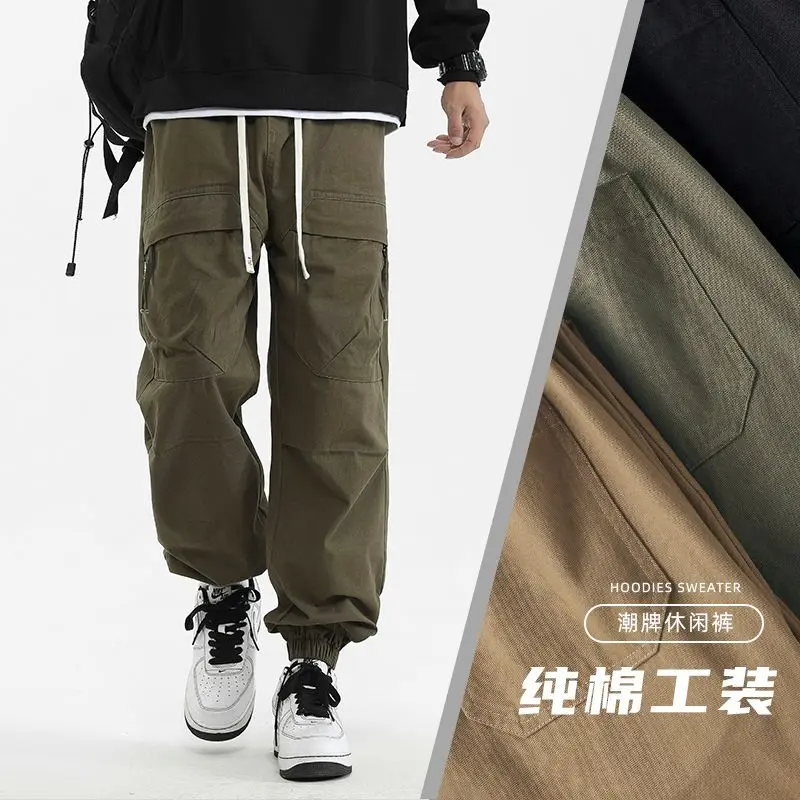 جديد وصول الأمريكية عارضة متعددة جيب فضفاض مستقيم الساق السراويل الطويلة للرجال الخريف الشباب العصرية العلامة التجارية الرباط عمال الجينز