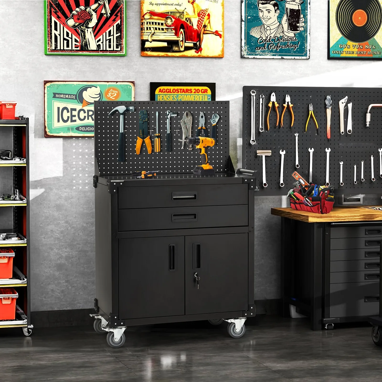 51.8" Mobile Workbench with Pegboard & Drawers