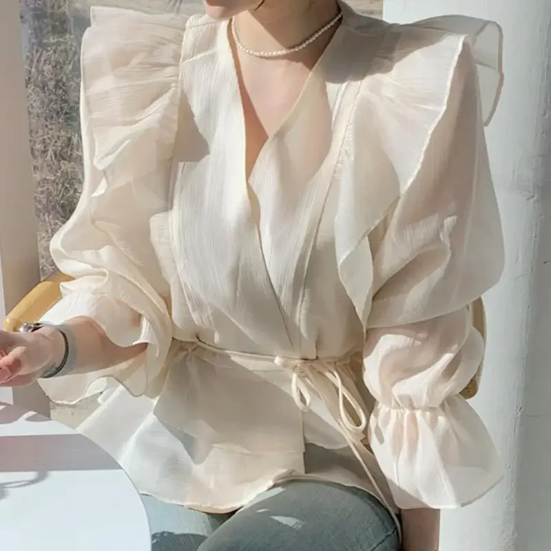 Elegant V-Neck Ruffles Lace Up Bow Irregular Flare Sleeve Shirt Women's Clothing Summer New Casual Tops Loose Sweet Blouse E3031