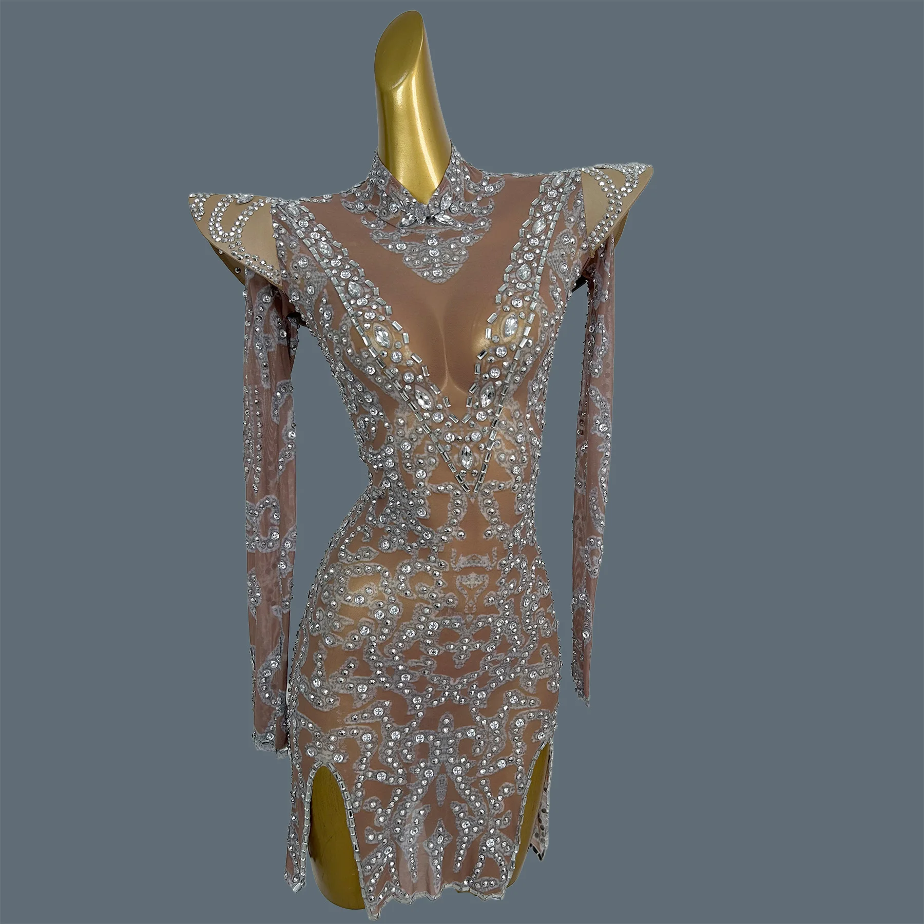Luxury See Through Mesh Rhinestone Dress Women Structured Shoulder Long Sleeve Side Slit Drag Queen Performances Wear Baijian