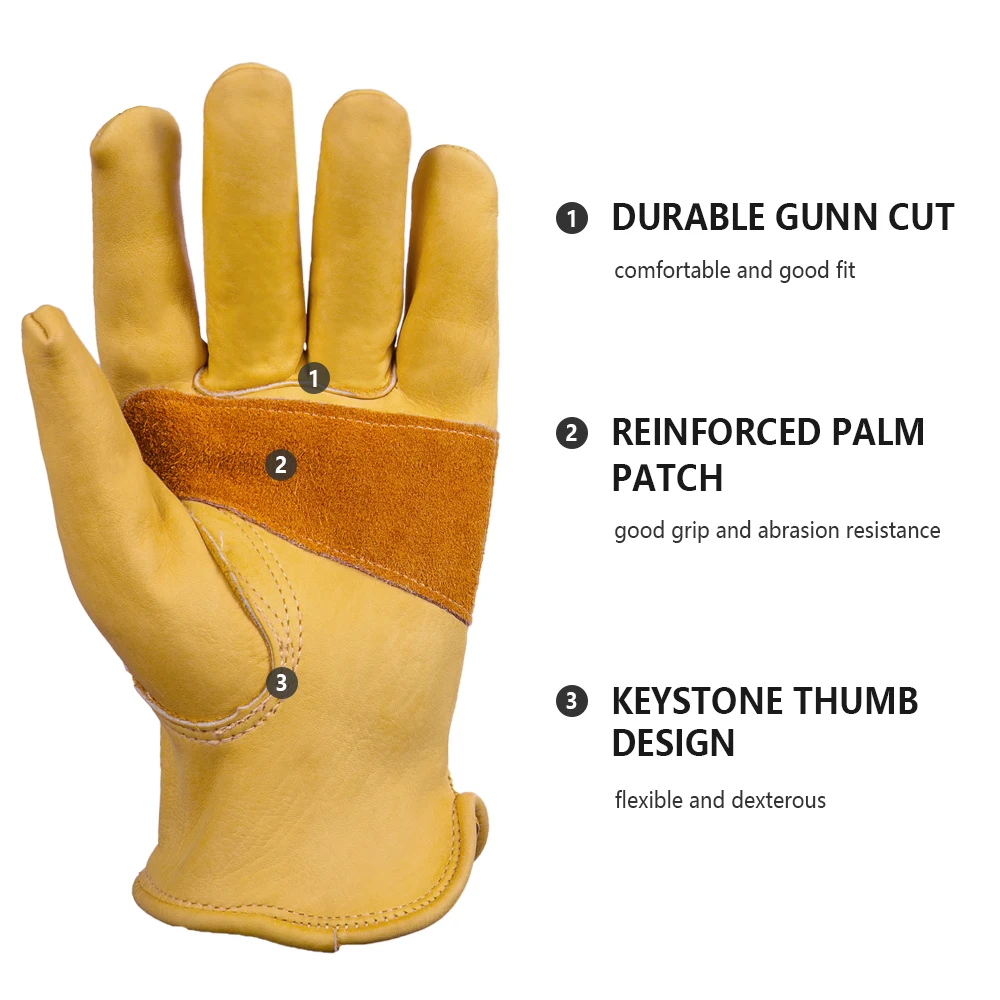 Leather Work Gloves For Men Yellow Cowhide Heavy Duty Safety Protective Driver Gloves Working Welding Stretchable Mechanic Glove