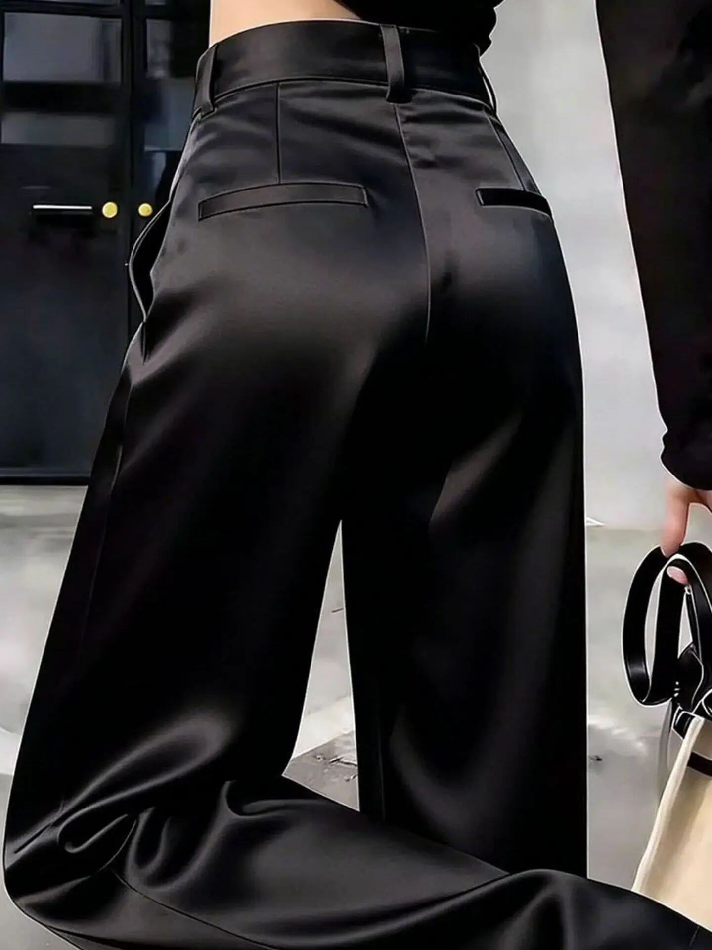 Elegant Black Silk Acetate Wide Leg Pants Women's Casual High Waist Slimming Fashionable Versatile Spring Summer New Style