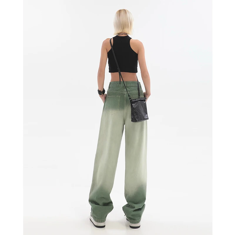 Women's Bottoms Vintage Gradient Green Jeans Casual Baggy Wide Leg Straight Pants Fashion Mopping Denim Trouser Ladies Summer