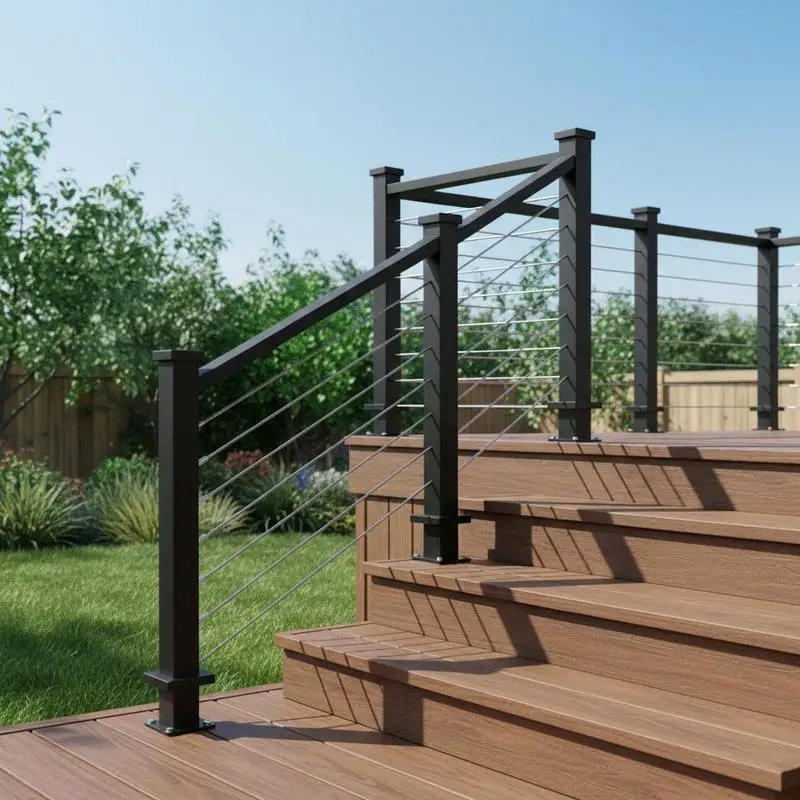 Balustrade Column 42x2x2 Inch For Deck Stair Balcony, Pre-Drilled Pickets Mounting Bracket Carbon Steel Black Finishing Single Pack Support Pillar Kit
