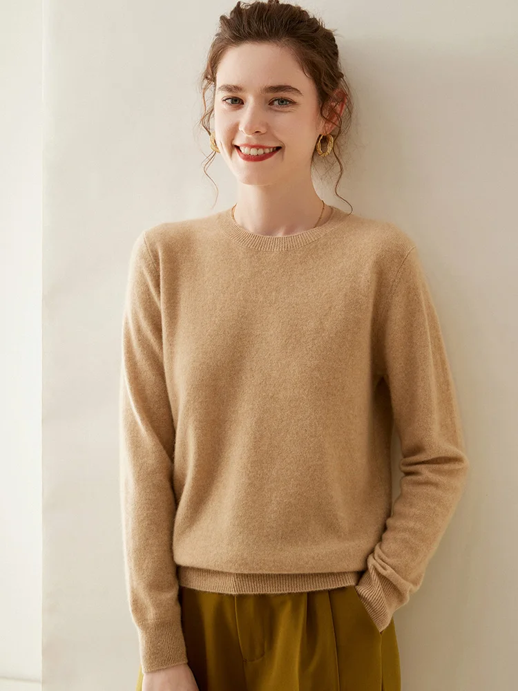 Suéter de cachemira de invierno para mujer, jersey con cuello redondo, manga larga, color sólido con parte inferior de punto