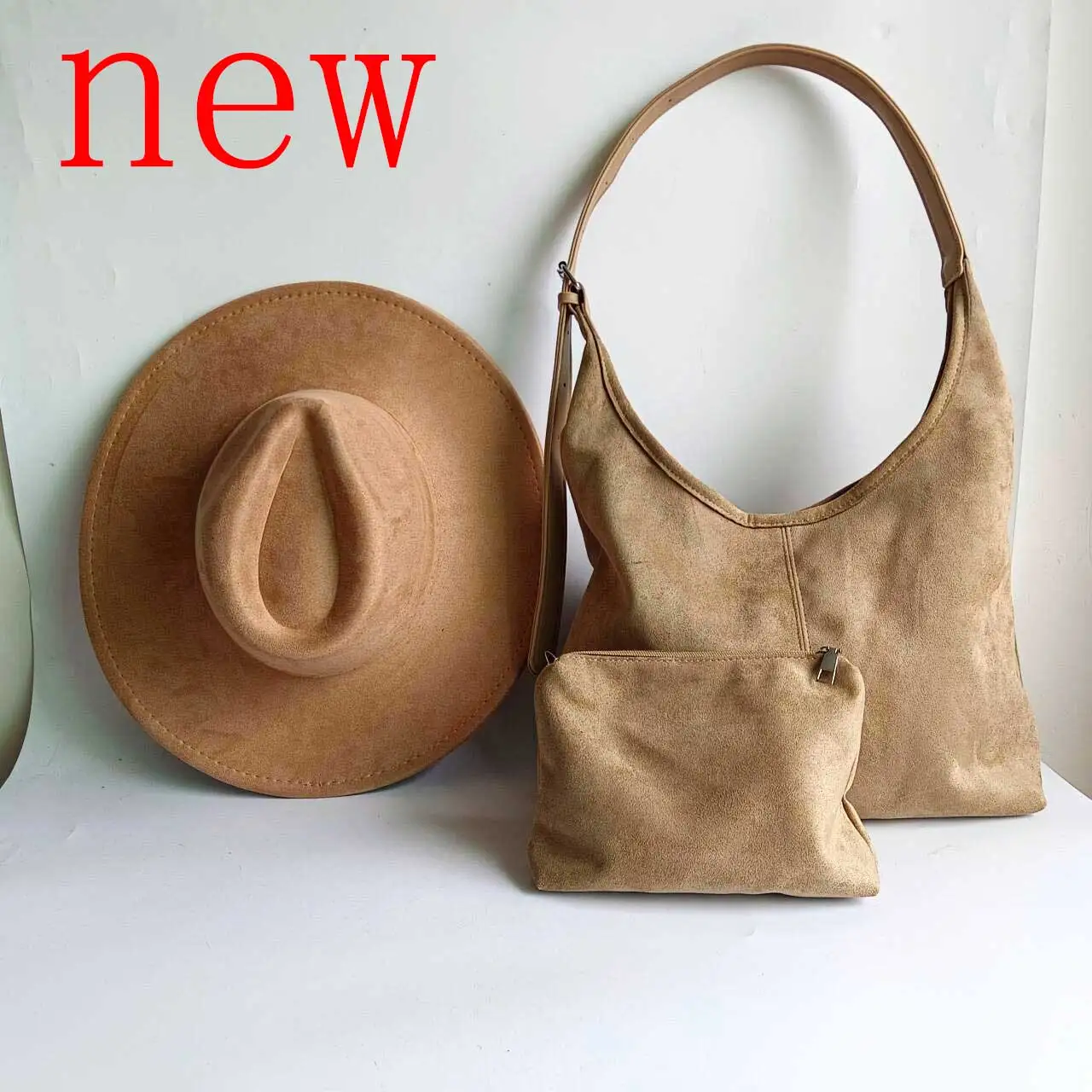 Set aus veganem Wildleder, Hut und Tasche, 9,5 cm Krempe, herzförmiger Jazzhut, Unisex-Panamahut, Damenhut mit breiter Krempe, Sombrero – Detail 4