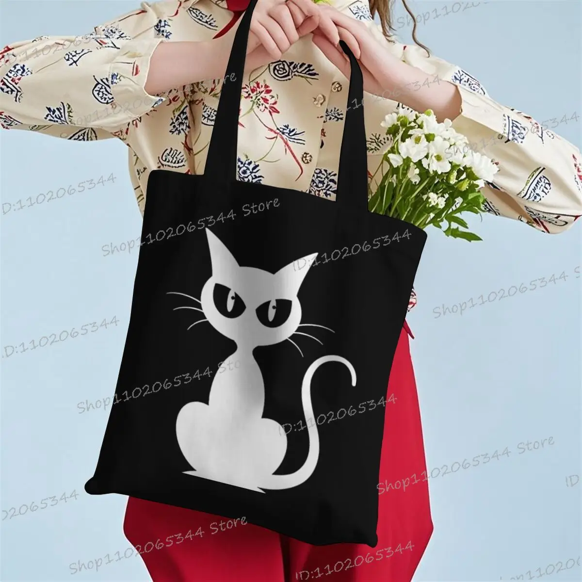 مضيئة نمط القط حمل حقيبة للنساء ايكو قابلة لإعادة الاستخدام حقائب كتف سعة كبيرة قماش عادية Harajuku التسوق المتسوق حقيبة يد