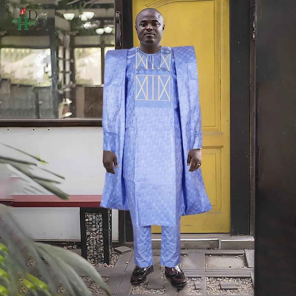 H&D African Traditional Muslim Ramadan Embroidery Wedding Party Thobe Bazin Riche Outfits 3PCS Robe Suit No Cap For Men Agbada