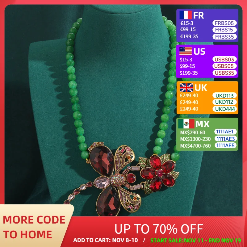 

Vintage Emerald Beads Necklace Party Crystal Dragonfly Pendant Choker Luxury Designer Jewelry For Woman Antique Flower Item 2025